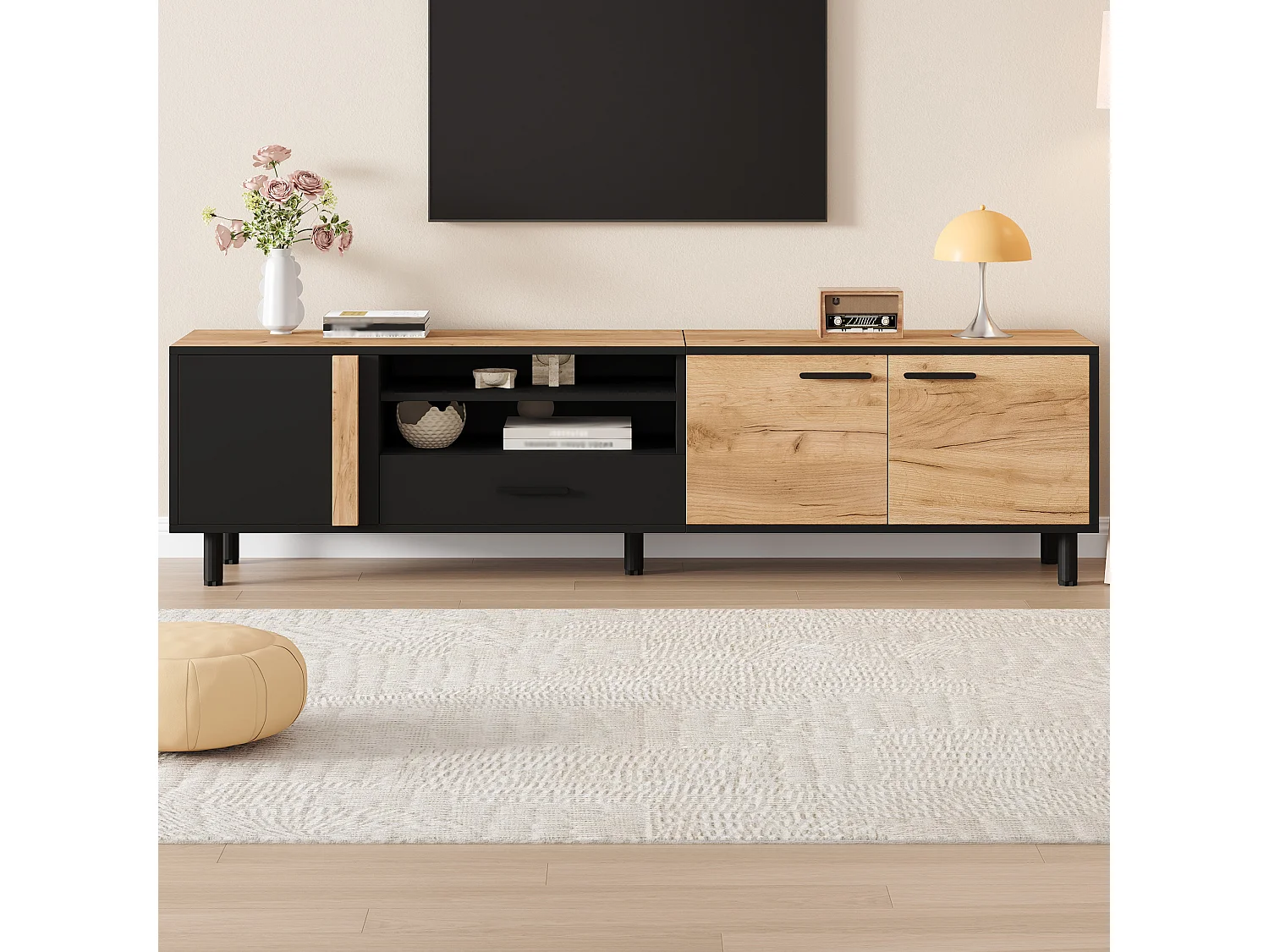 Tv-meubel voor de woonkamer - 180 x 32,5 x 50 cm - met 3 deuren + 1 lade + plank - voor tv's tot 80 inch - spaanplaat - zwart + naturel