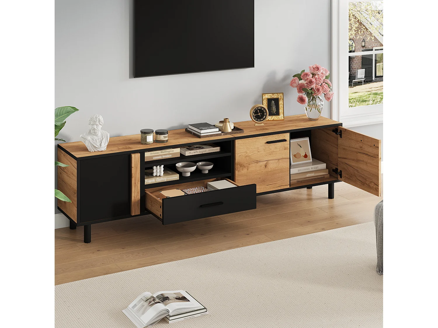 Tv-meubel voor de woonkamer - 180 x 32,5 x 50 cm - met 3 deuren + 1 lade + plank - voor tv's tot 80 inch - spaanplaat - zwart + naturel
