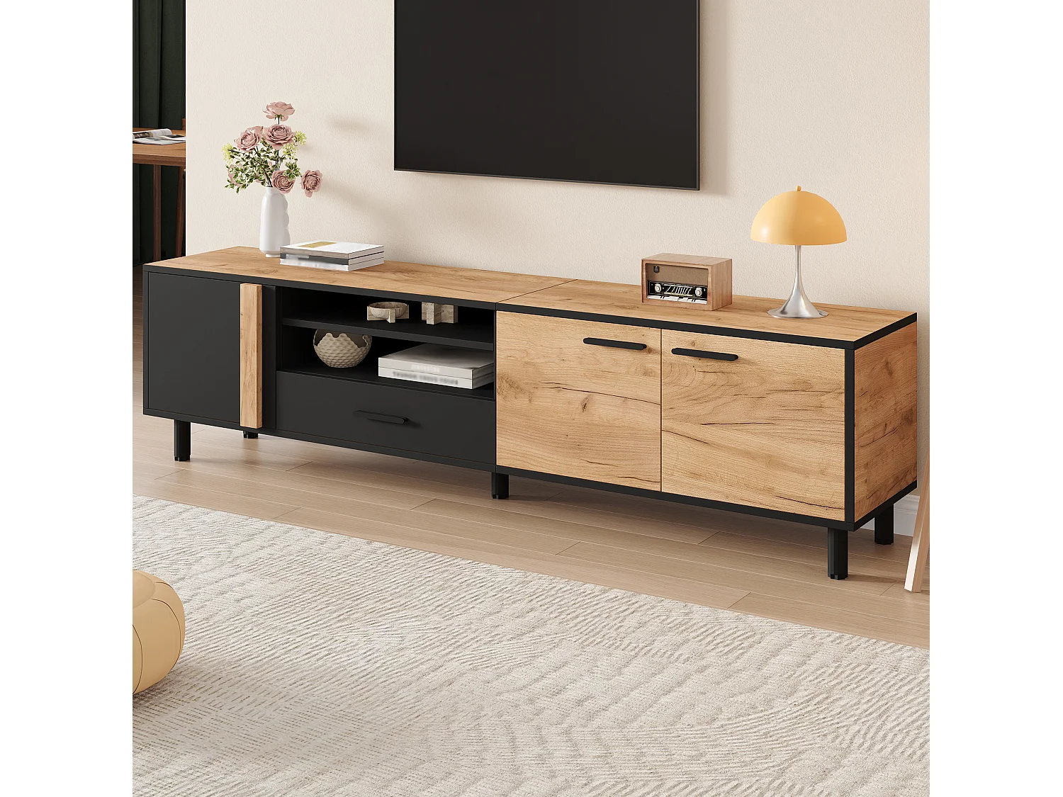Tv-meubel voor de woonkamer - 180 x 32,5 x 50 cm - met 3 deuren + 1 lade + plank - voor tv's tot 80 inch - spaanplaat - zwart + naturel