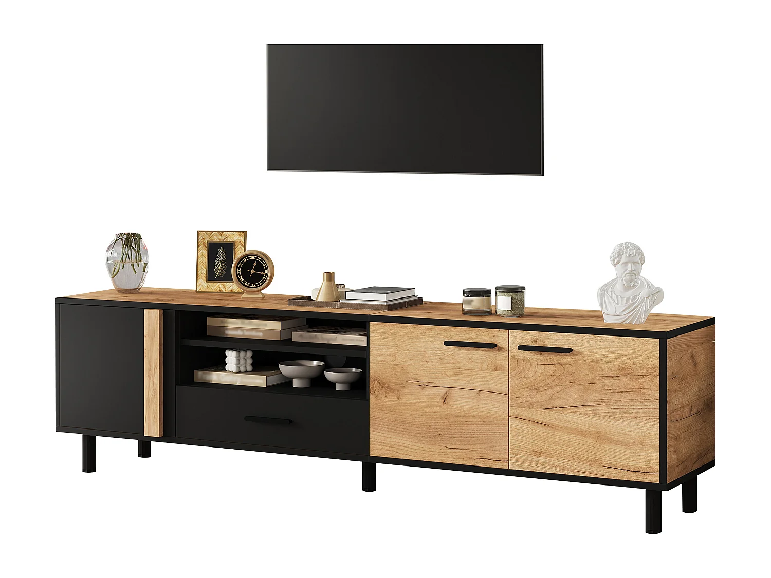 Tv-meubel voor de woonkamer - 180 x 32,5 x 50 cm - met 3 deuren + 1 lade + plank - voor tv's tot 80 inch - spaanplaat - zwart + naturel