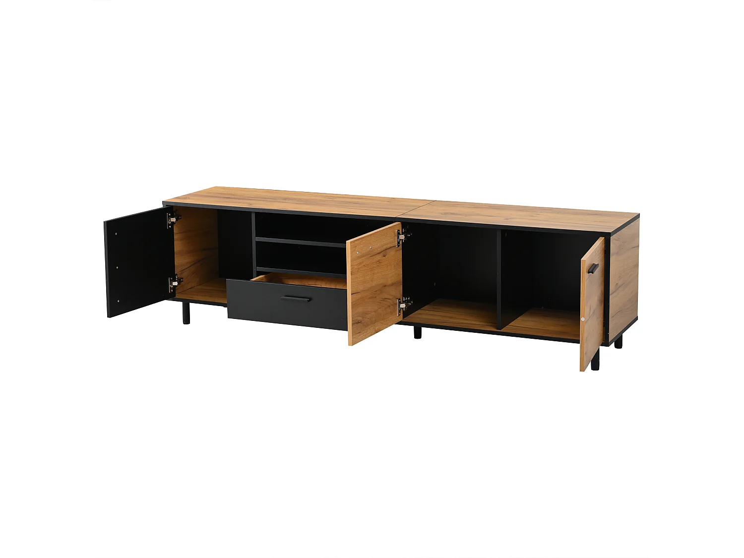 Tv-meubel voor de woonkamer - 180 x 32,5 x 50 cm - met 3 deuren + 1 lade + plank - voor tv's tot 80 inch - spaanplaat - zwart + naturel