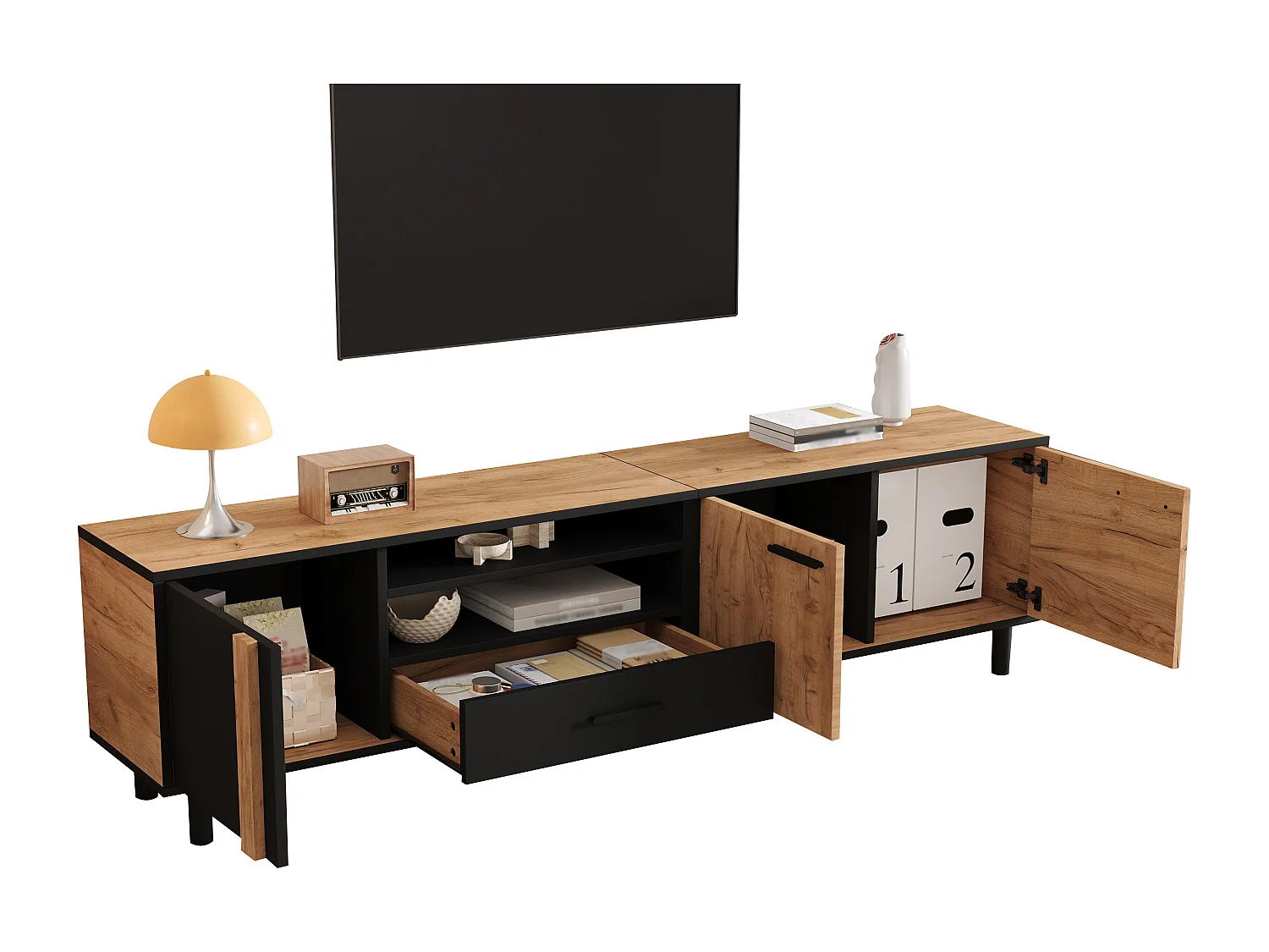 Tv-meubel voor de woonkamer - 180 x 32,5 x 50 cm - met 3 deuren + 1 lade + plank - voor tv's tot 80 inch - spaanplaat - zwart + naturel