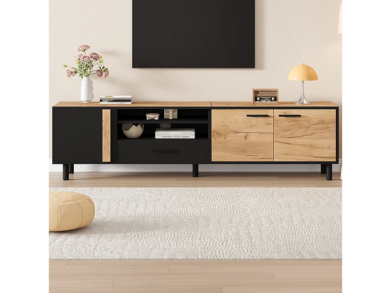 Tv-meubel voor de woonkamer - 180 x 32,5 x 50 cm - met 3 deuren + 1 lade + plank - voor tv's tot 80 inch - spaanplaat - zwart + naturel