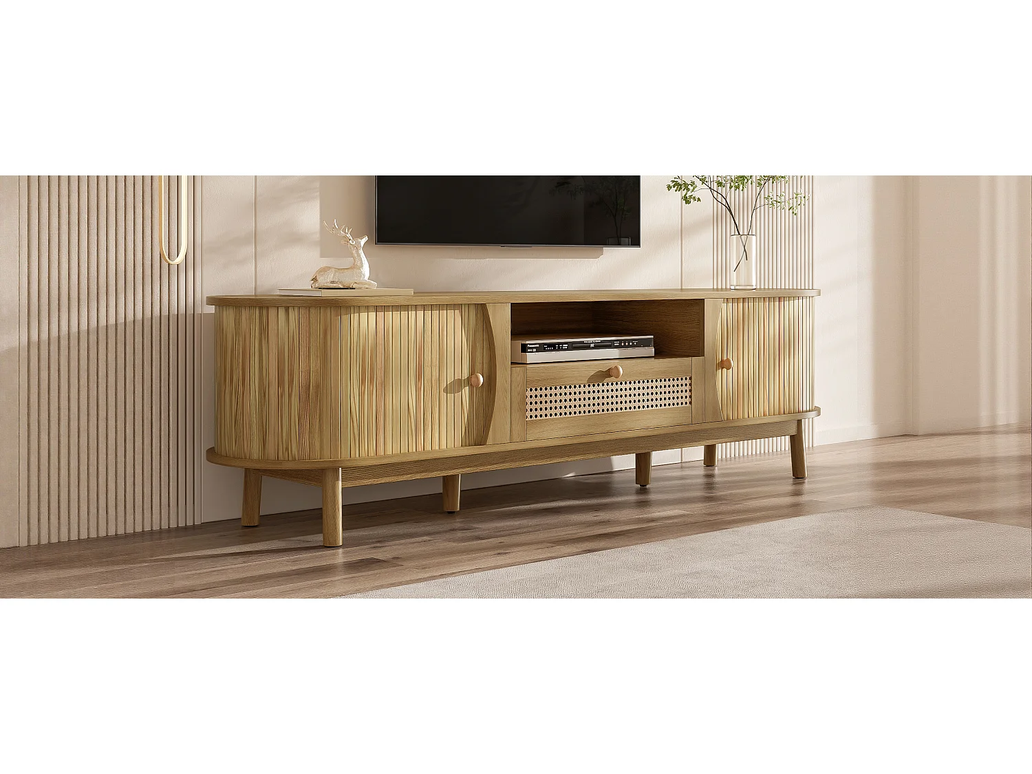 Meuble TV en rotin - 165 x 37 x 46 cm - avec 2 portes + 1 tiroir + étagère - façade basse - MDF - naturel