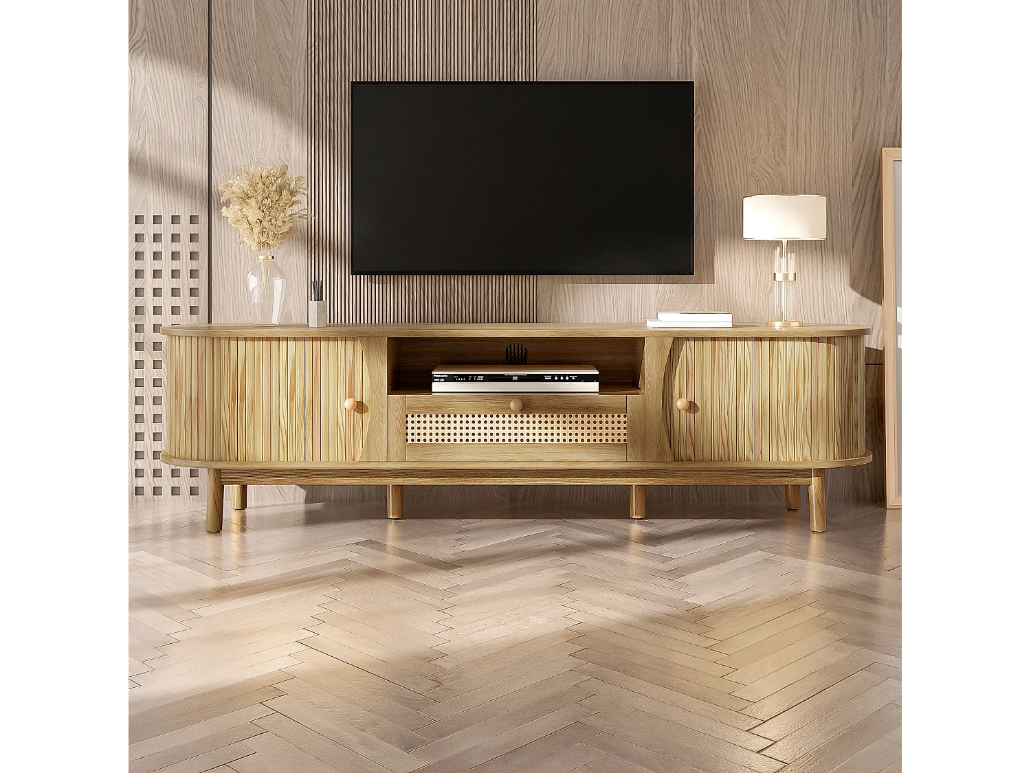 Meuble TV en rotin - 165 x 37 x 46 cm - avec 2 portes + 1 tiroir + étagère - façade basse - MDF - naturel