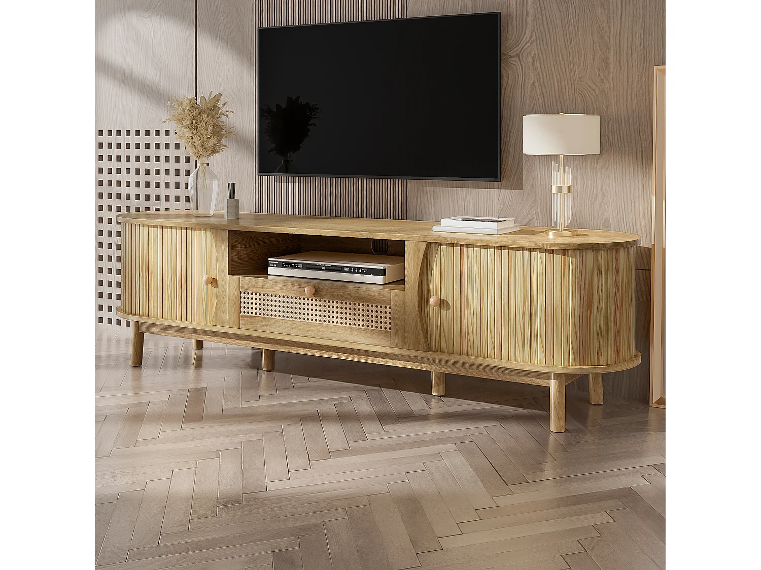 Meuble TV en rotin - 165 x 37 x 46 cm - avec 2 portes + 1 tiroir + étagère - façade basse - MDF - naturel