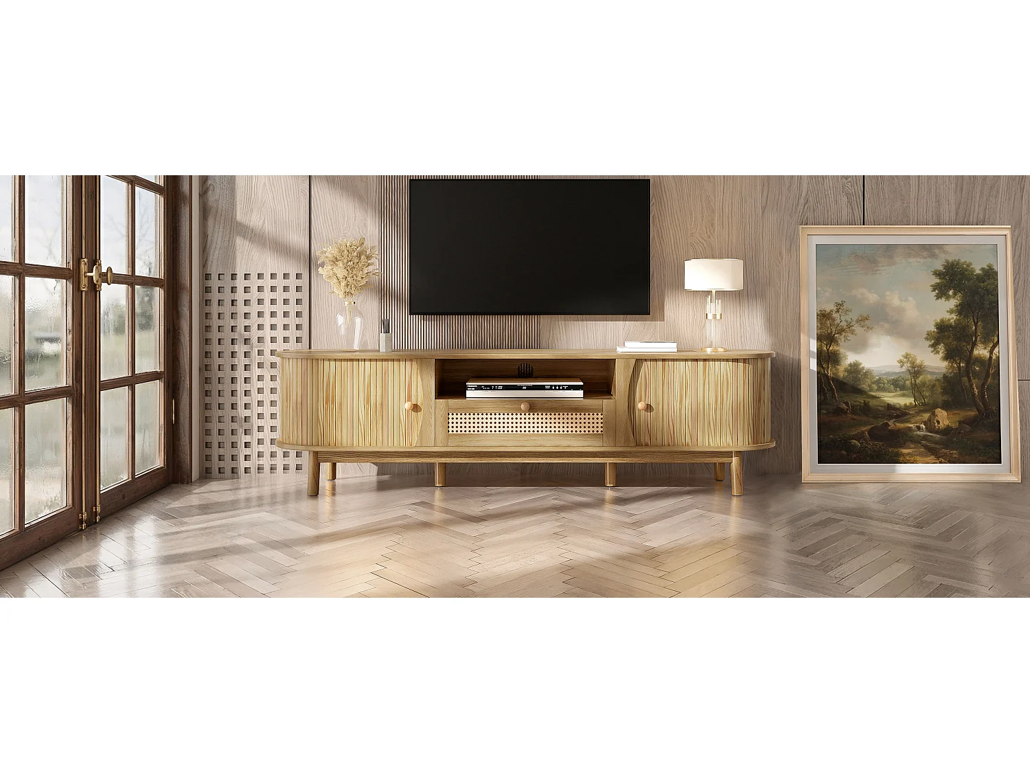 Meuble TV en rotin - 165 x 37 x 46 cm - avec 2 portes + 1 tiroir + étagère - façade basse - MDF - naturel