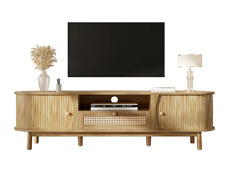 Meuble TV en rotin - 165 x 37 x 46 cm - avec 2 portes + 1 tiroir + étagère - façade basse - MDF - naturel