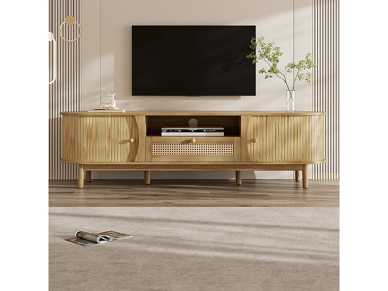 Meuble TV en rotin - 165 x 37 x 46 cm - avec 2 portes + 1 tiroir + étagère - façade basse - MDF - naturel