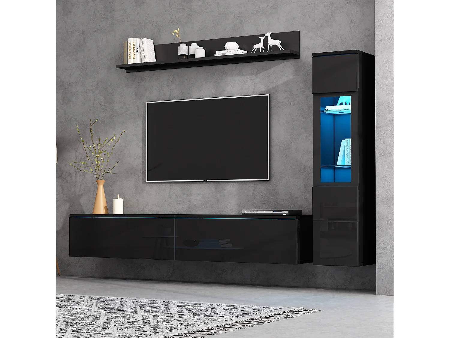 Ensemble de meubles muraux TV 3 pièces avec Leds - 1 meuble TV + 1 vitrine de salon + 1 étagère murale - aggloméré - noir