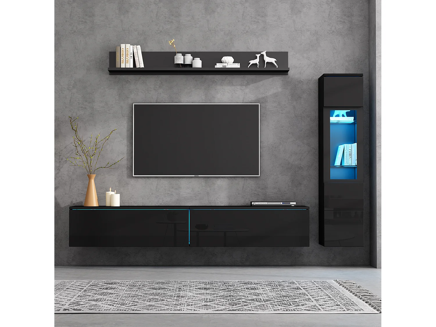 Ensemble de meubles muraux TV 3 pièces avec Leds - 1 meuble TV + 1 vitrine de salon + 1 étagère murale - aggloméré - noir