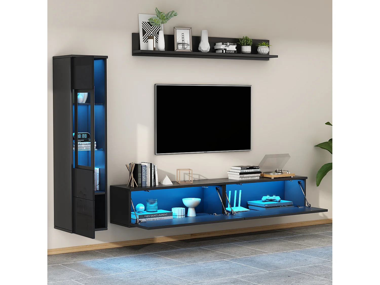 Ensemble de meubles muraux TV 3 pièces avec Leds - 1 meuble TV + 1 vitrine de salon + 1 étagère murale - aggloméré - noir
