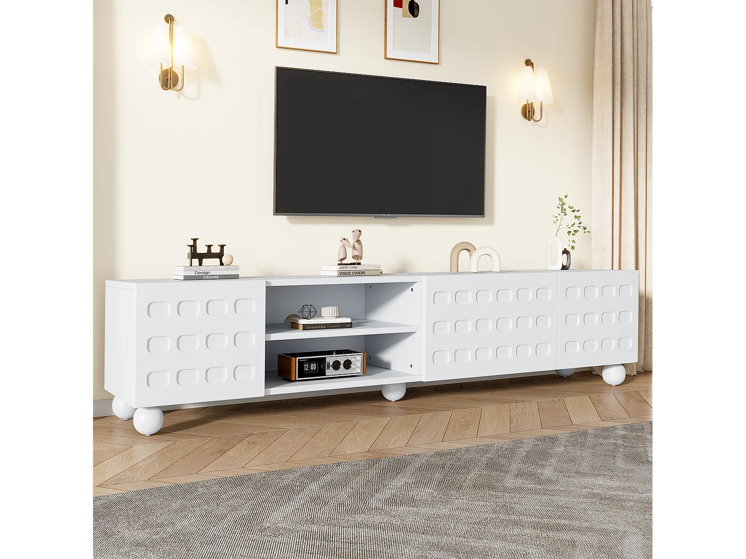 TV-Möbel fürs Wohnzimmer – 200 x 40 x 44 cm – mit 3 dekorativen Türen + Ablage – für 1-Zoll-Fernseher – Spanplatte – weiß