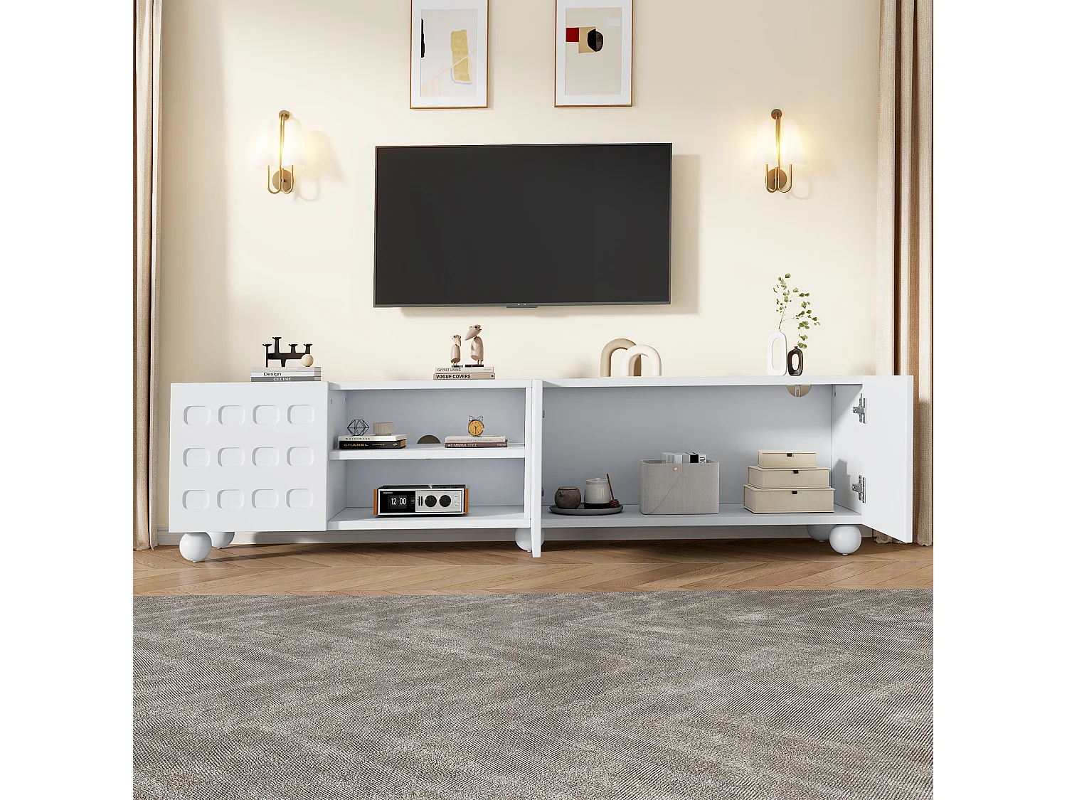 TV-Möbel fürs Wohnzimmer – 200 x 40 x 44 cm – mit 3 dekorativen Türen + Ablage – für 1-Zoll-Fernseher – Spanplatte – weiß