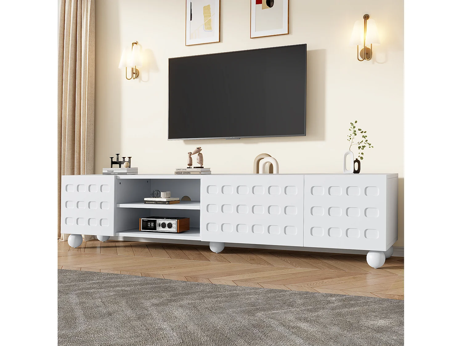 TV-Möbel fürs Wohnzimmer – 200 x 40 x 44 cm – mit 3 dekorativen Türen + Ablage – für 1-Zoll-Fernseher – Spanplatte – weiß