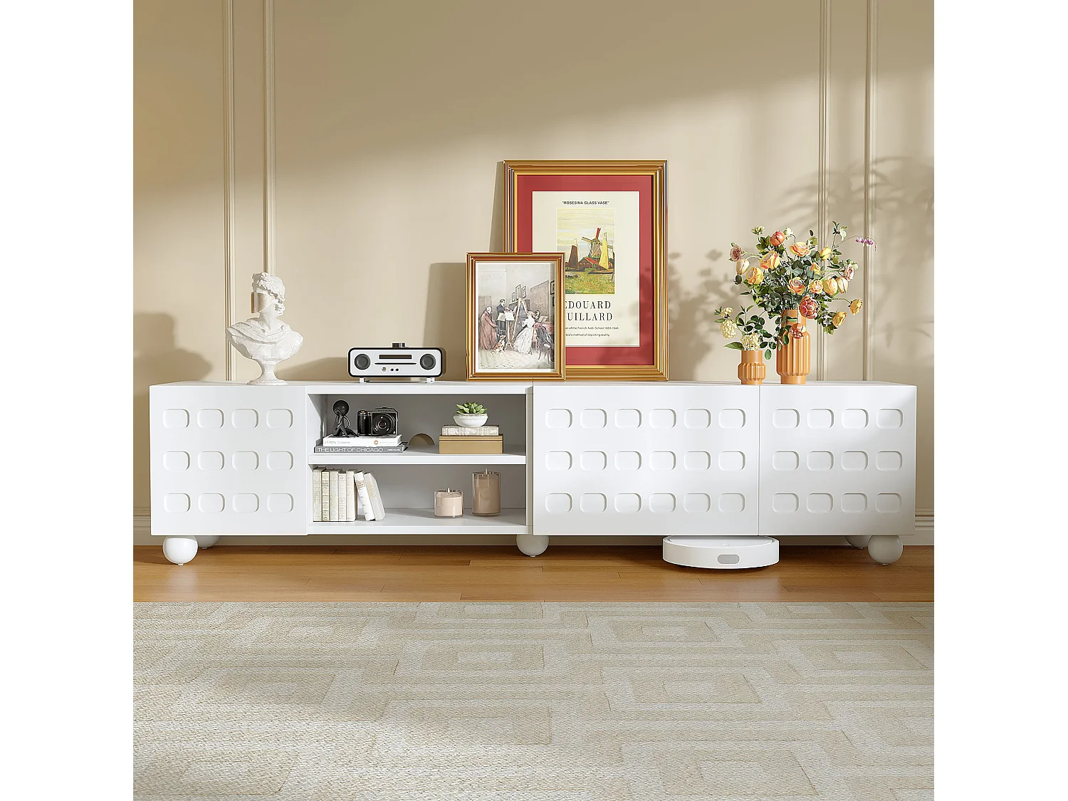 TV-Möbel fürs Wohnzimmer – 200 x 40 x 44 cm – mit 3 dekorativen Türen + Ablage – für 1-Zoll-Fernseher – Spanplatte – weiß