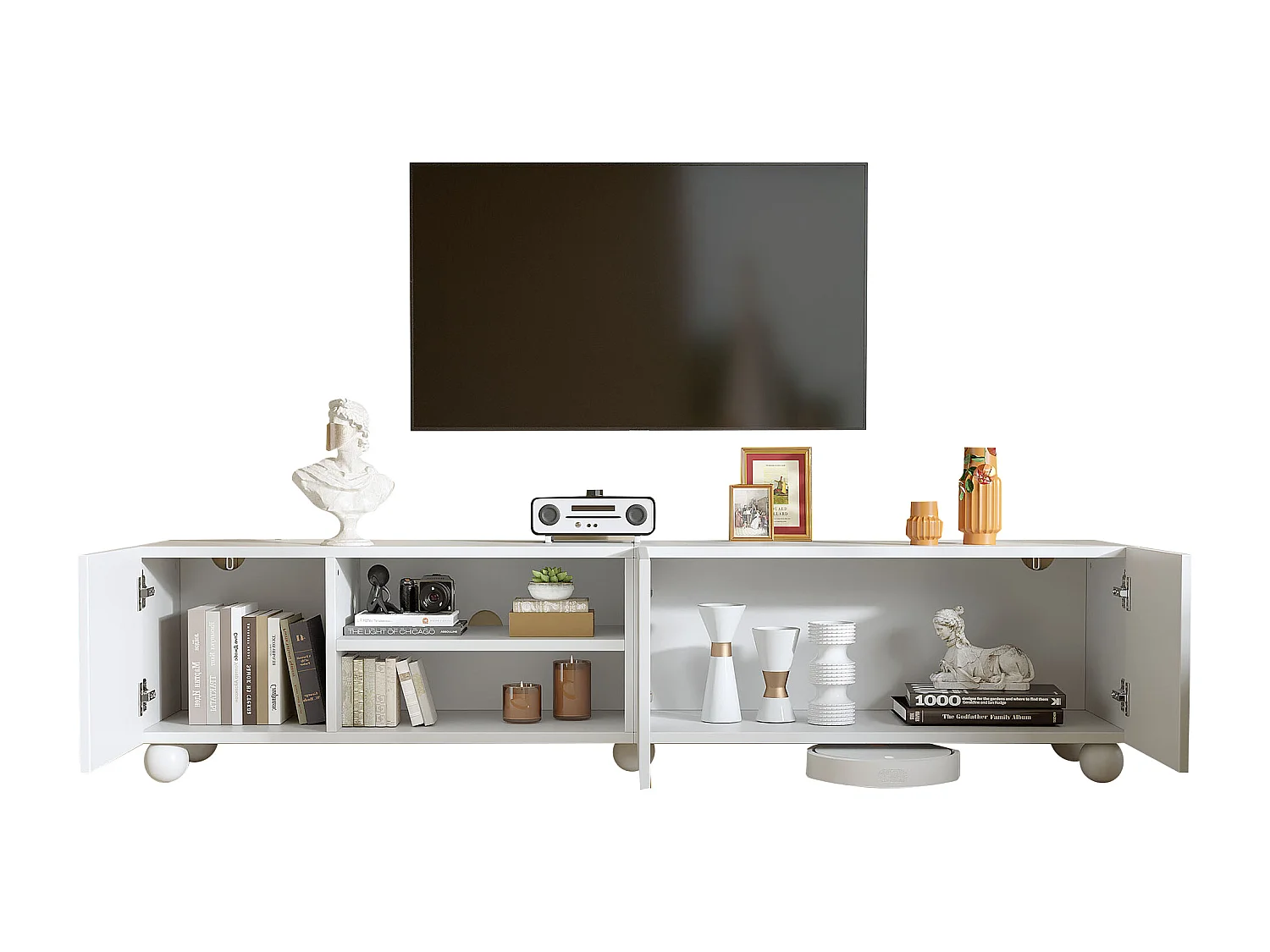 TV-Möbel fürs Wohnzimmer – 200 x 40 x 44 cm – mit 3 dekorativen Türen + Ablage – für 1-Zoll-Fernseher – Spanplatte – weiß