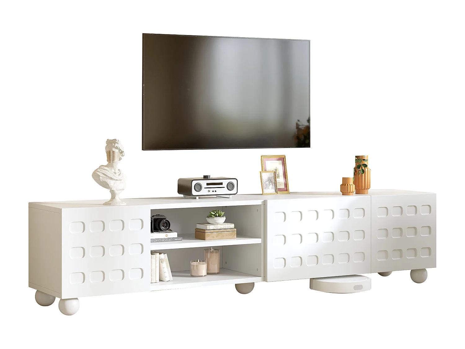 TV-Möbel fürs Wohnzimmer – 200 x 40 x 44 cm – mit 3 dekorativen Türen + Ablage – für 1-Zoll-Fernseher – Spanplatte – weiß