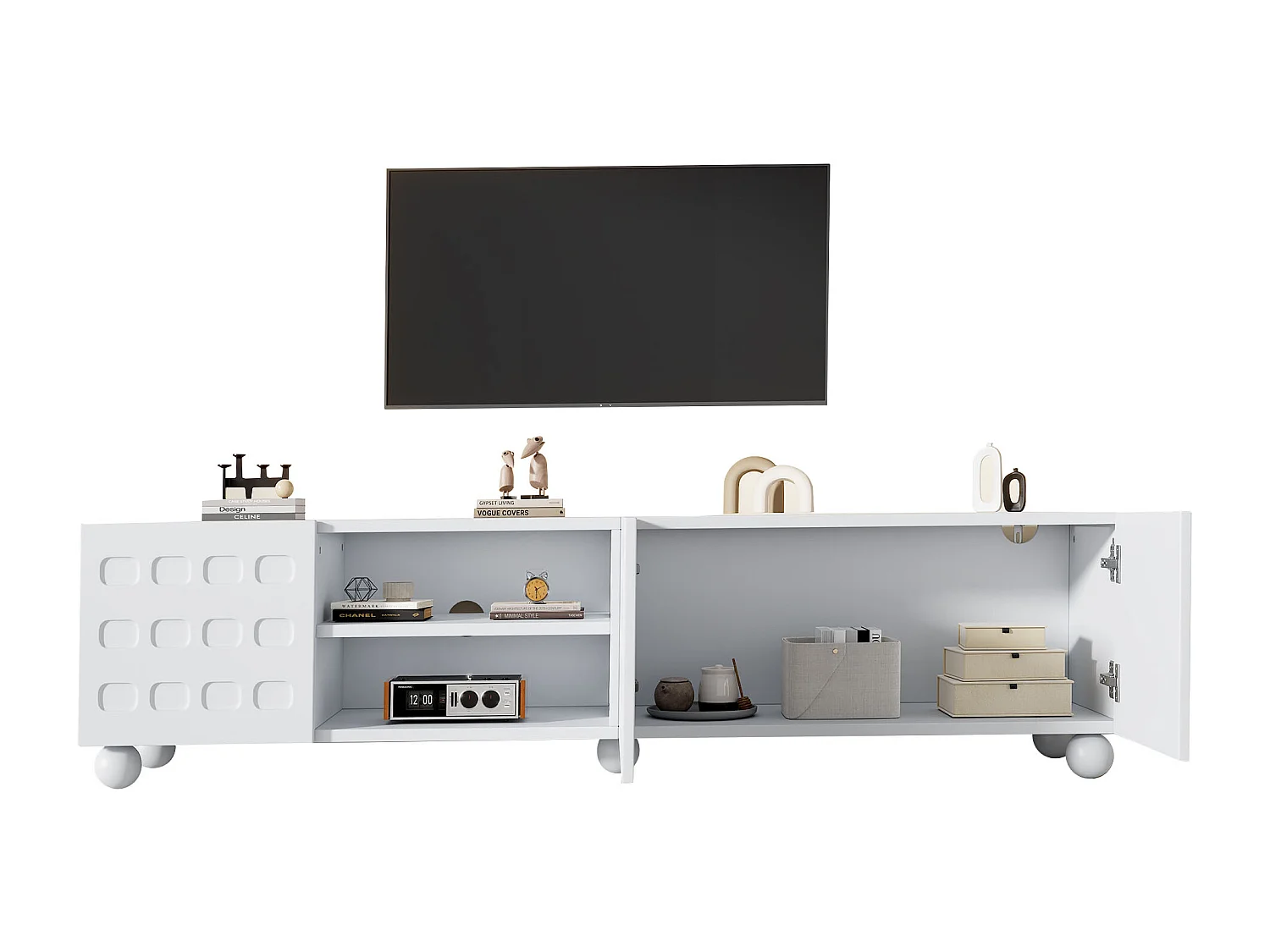 TV-Möbel fürs Wohnzimmer – 200 x 40 x 44 cm – mit 3 dekorativen Türen + Ablage – für 1-Zoll-Fernseher – Spanplatte – weiß
