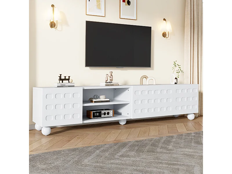 TV-Möbel fürs Wohnzimmer – 200 x 40 x 44 cm – mit 3 dekorativen Türen + Ablage – für 1-Zoll-Fernseher – Spanplatte – weiß