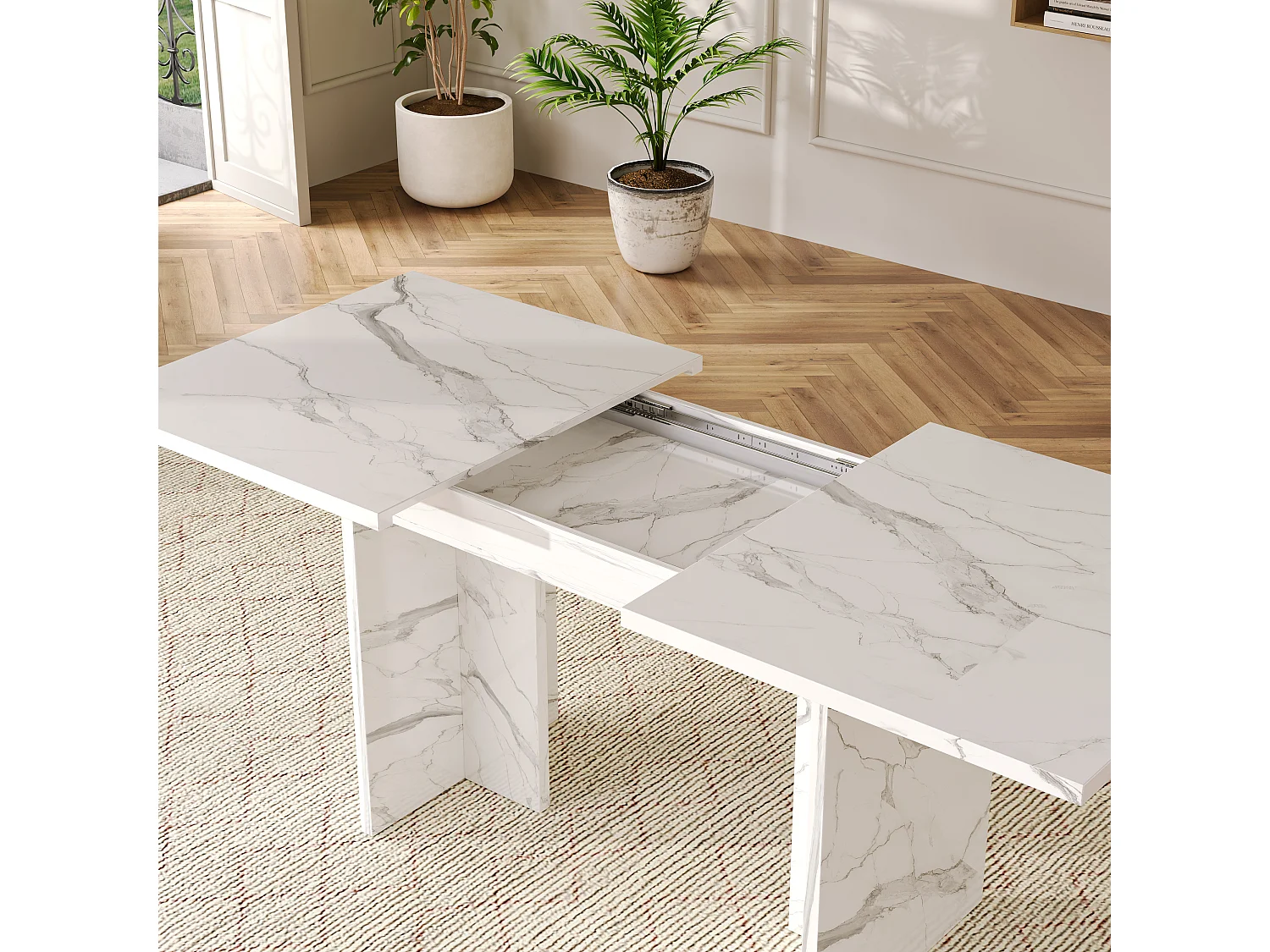 Table de salle à manger extensible - 140/180 x 80 x 75 cm - pour 6 à 8 personnes - style sobre - MDF - marbre blanc