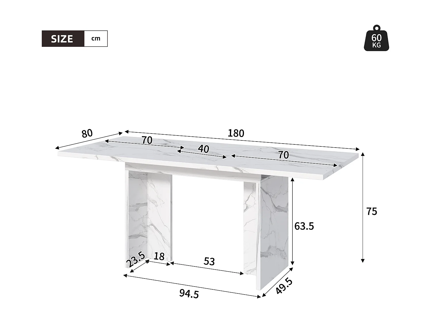 Table de salle à manger extensible - 140/180 x 80 x 75 cm - pour 6 à 8 personnes - style sobre - MDF - marbre blanc