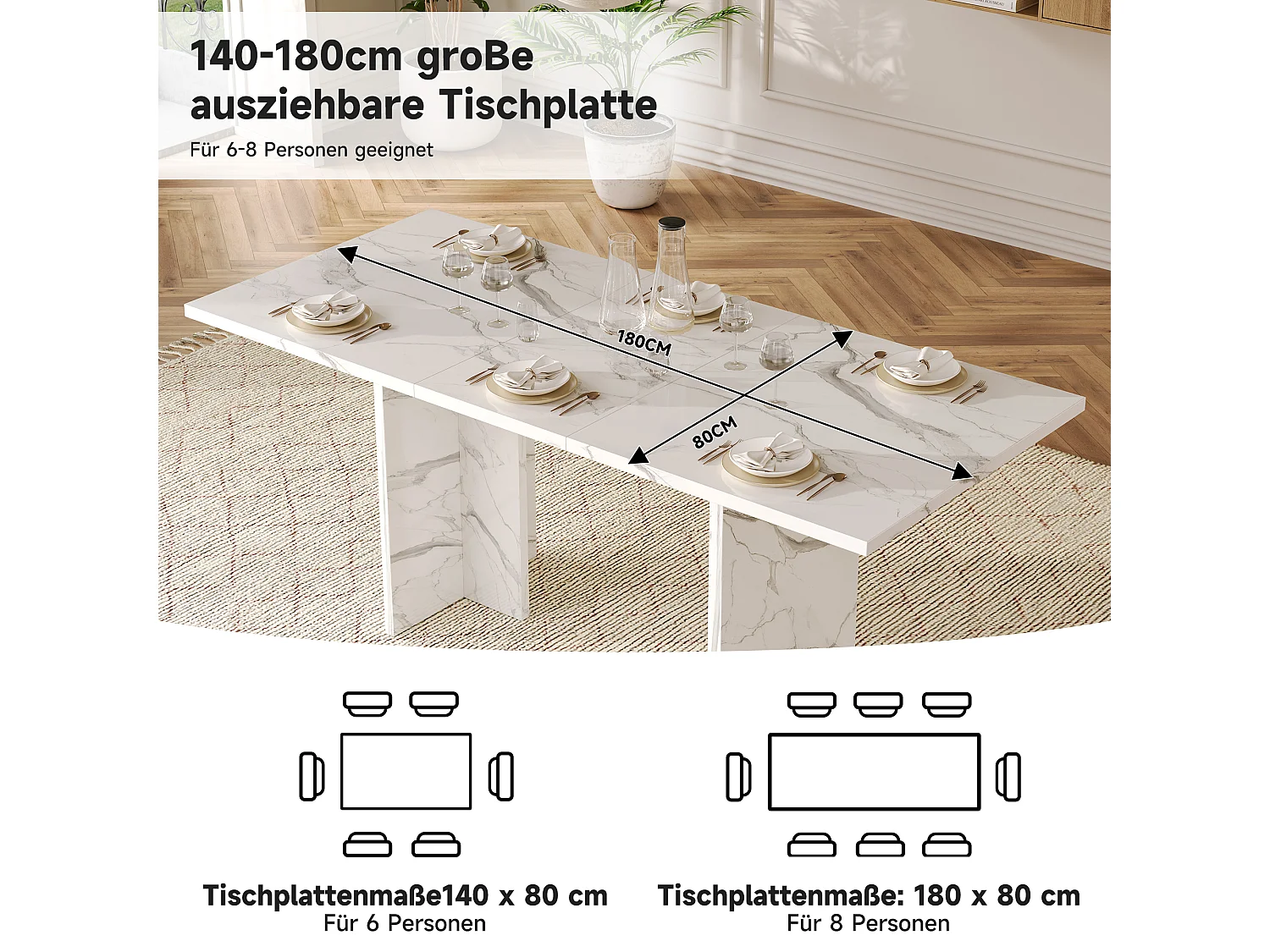 Table de salle à manger extensible - 140/180 x 80 x 75 cm - pour 6 à 8 personnes - style sobre - MDF - marbre blanc