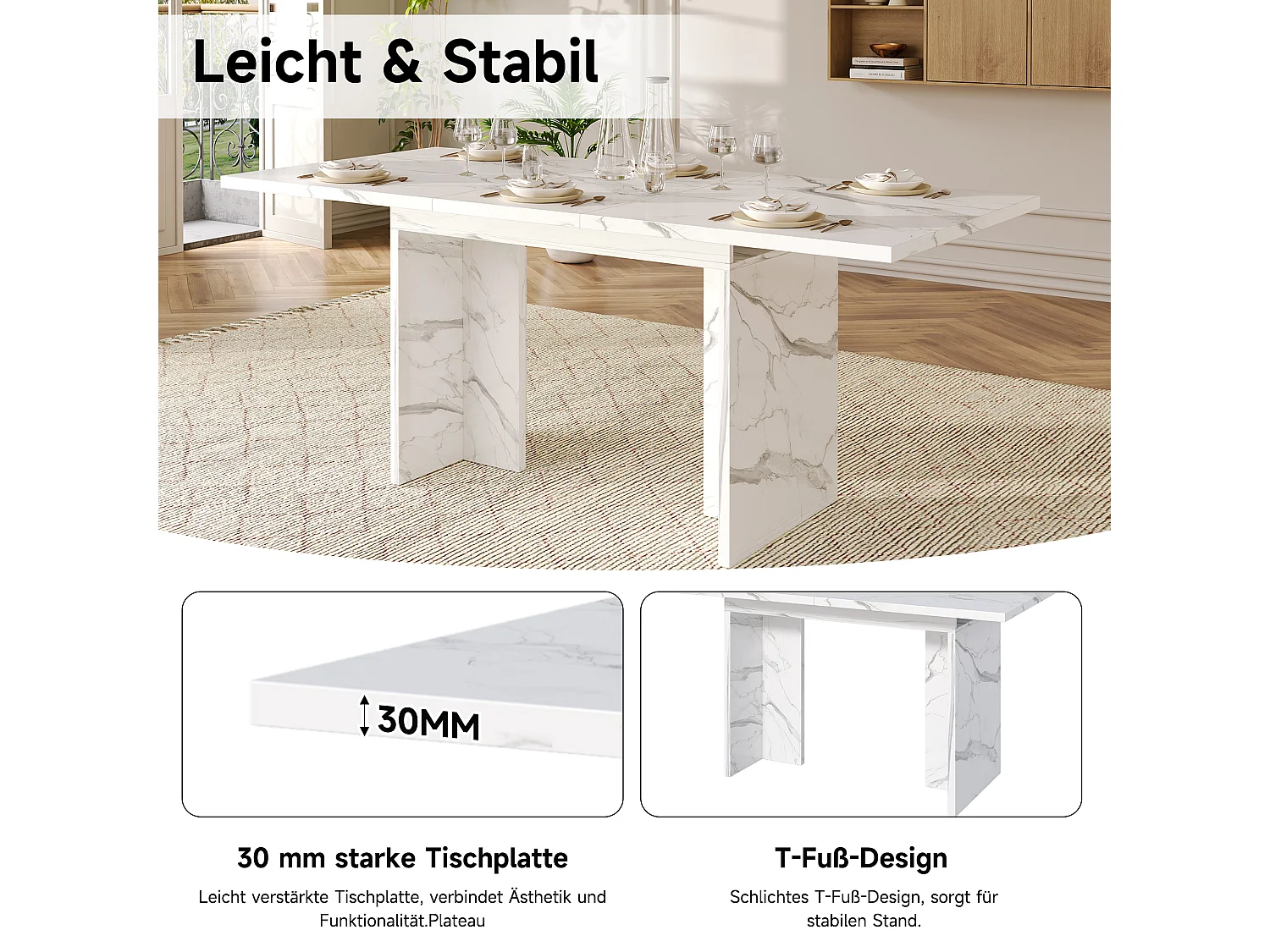 Table de salle à manger extensible - 140/180 x 80 x 75 cm - pour 6 à 8 personnes - style sobre - MDF - marbre blanc