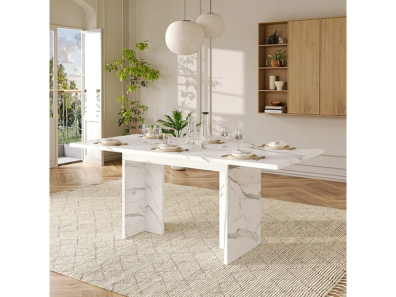 Table de salle à manger extensible - 140/180 x 80 x 75 cm - pour 6 à 8 personnes - style sobre - MDF - marbre blanc