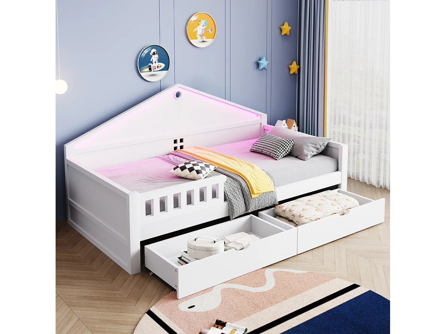Einzelbett für Kinder – 90 x 200 cm – mit LED-Beleuchtung, 2 Schubladen und Lattenrost – Holz und MDF – weiß