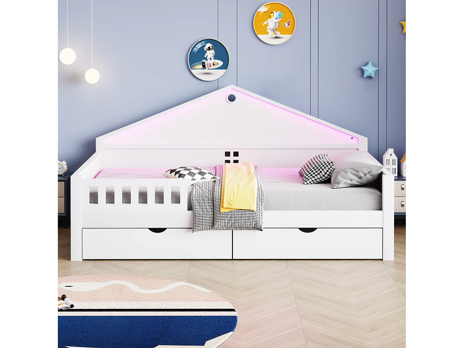 Einzelbett für Kinder – 90 x 200 cm – mit LED-Beleuchtung, 2 Schubladen und Lattenrost – Holz und MDF – weiß