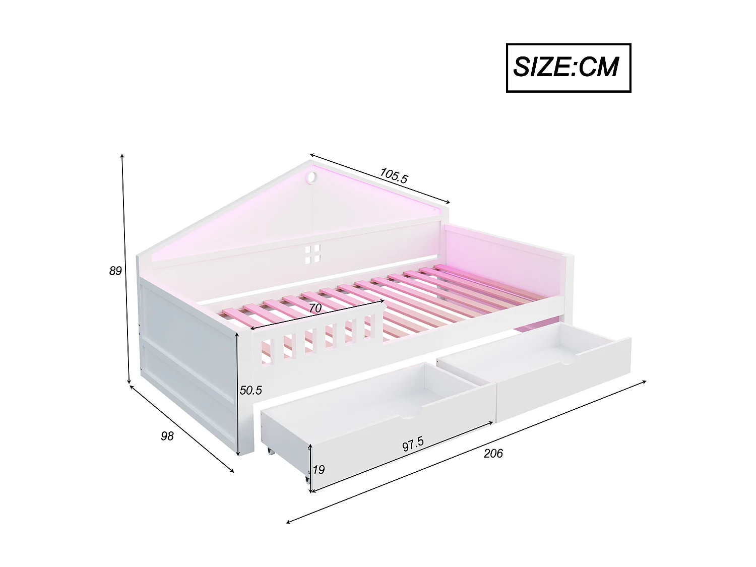 Einzelbett für Kinder – 90 x 200 cm – mit LED-Beleuchtung, 2 Schubladen und Lattenrost – Holz und MDF – weiß