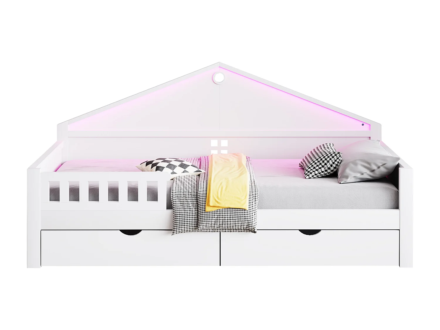 Einzelbett für Kinder – 90 x 200 cm – mit LED-Beleuchtung, 2 Schubladen und Lattenrost – Holz und MDF – weiß