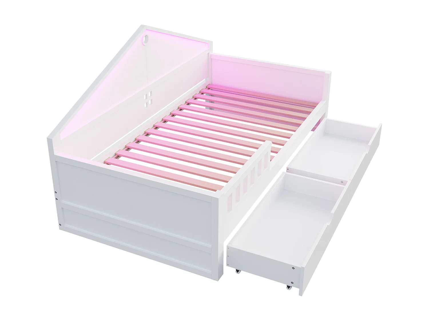 Einzelbett für Kinder – 90 x 200 cm – mit LED-Beleuchtung, 2 Schubladen und Lattenrost – Holz und MDF – weiß