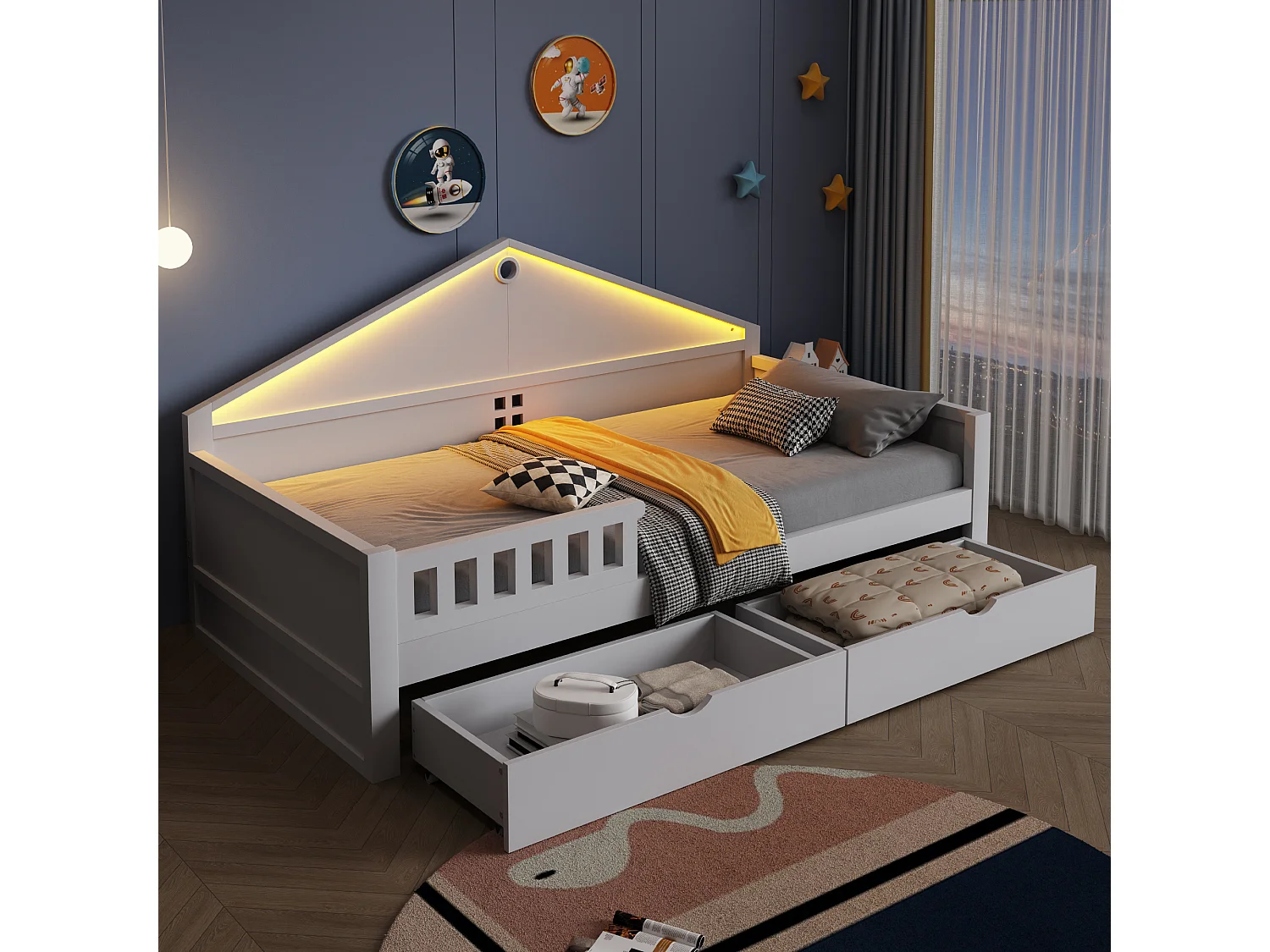 Letto singolo per bambini - 90 x 200 cm - con LED + 2 cassetti + rete a doghe - legno + MDF - bianco