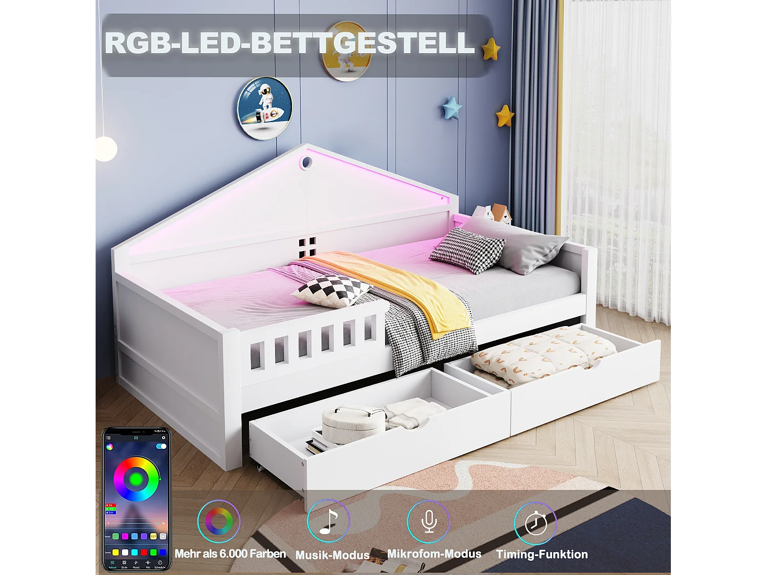 Letto singolo per bambini - 90 x 200 cm - con LED + 2 cassetti + rete a doghe - legno + MDF - bianco