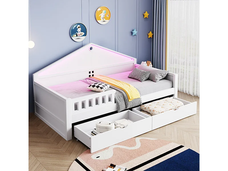 Lit simple pour enfant - 90 x 200 cm - avec Leds + 2 tiroirs + sommier à lattes - bois + MDF - blanc