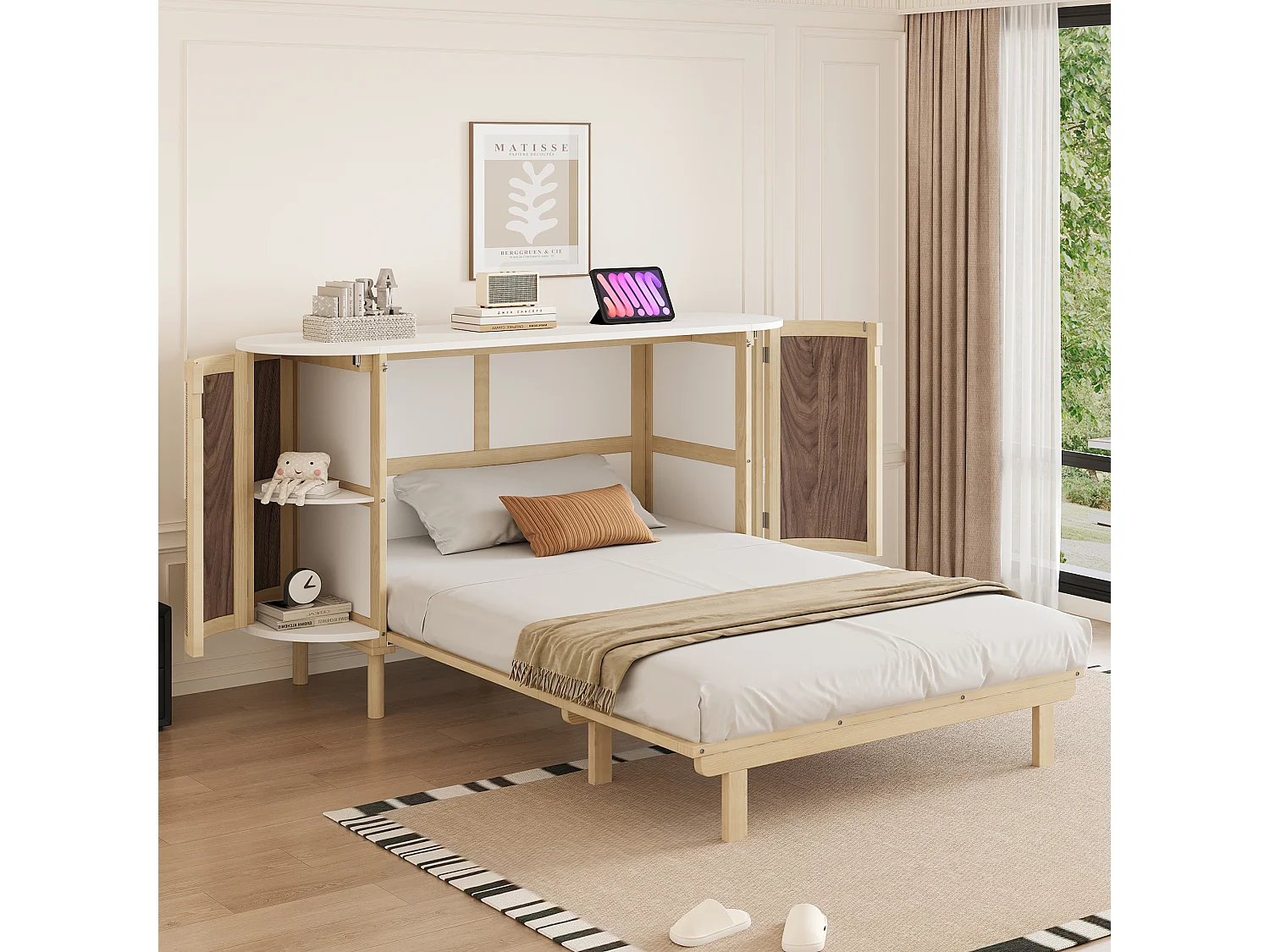 Lit escamotable pour enfant - 140 x 200 cm - avec compartiments de rangement - design rotin - bois - naturel