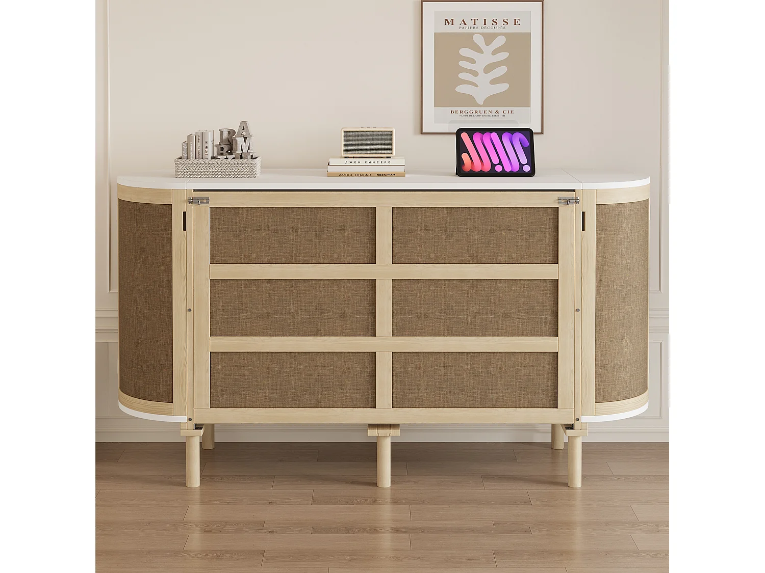 Lit escamotable pour enfant - 140 x 200 cm - avec compartiments de rangement - design rotin - bois - naturel