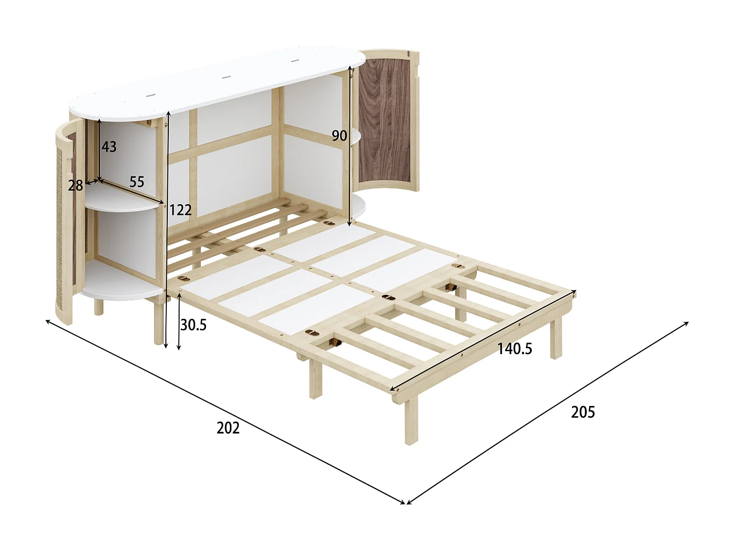 Lit escamotable pour enfant - 140 x 200 cm - avec compartiments de rangement - design rotin - bois - naturel