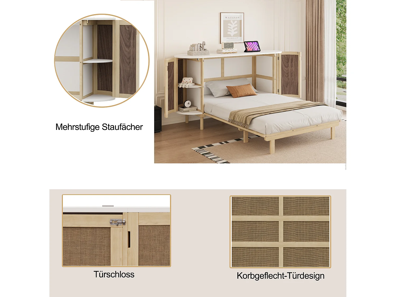 Lit escamotable pour enfant - 140 x 200 cm - avec compartiments de rangement - design rotin - bois - naturel