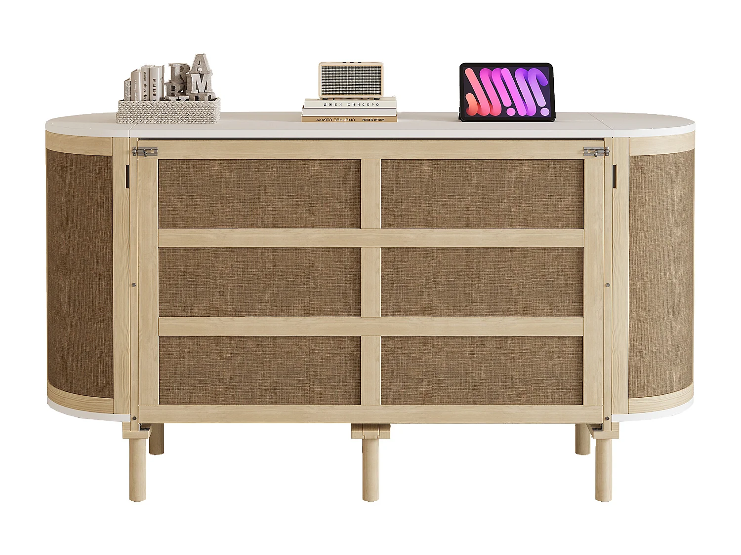 Lit escamotable pour enfant - 140 x 200 cm - avec compartiments de rangement - design rotin - bois - naturel