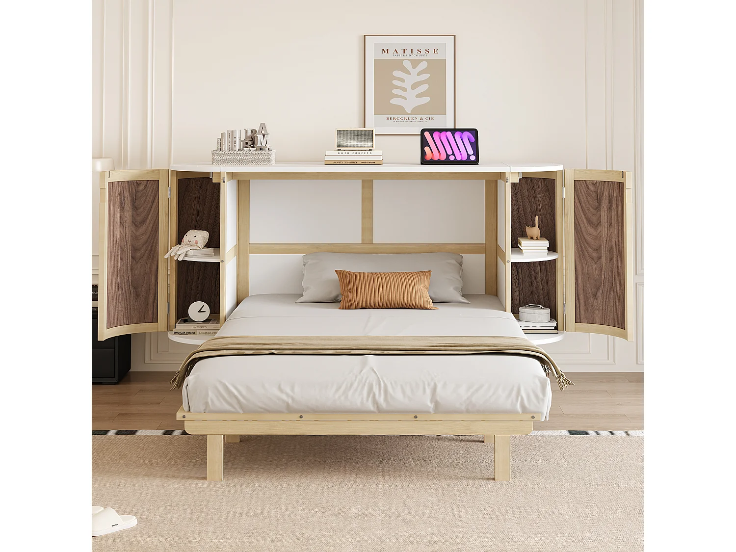 Lit escamotable pour enfant - 140 x 200 cm - avec compartiments de rangement - design rotin - bois - naturel