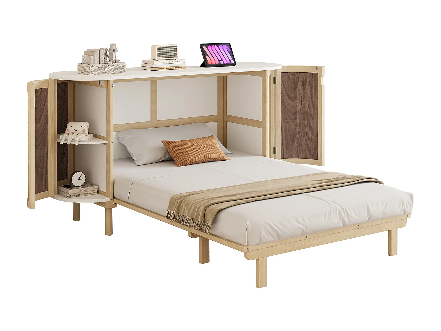 Lit escamotable pour enfant - 140 x 200 cm - avec compartiments de rangement - design rotin - bois - naturel