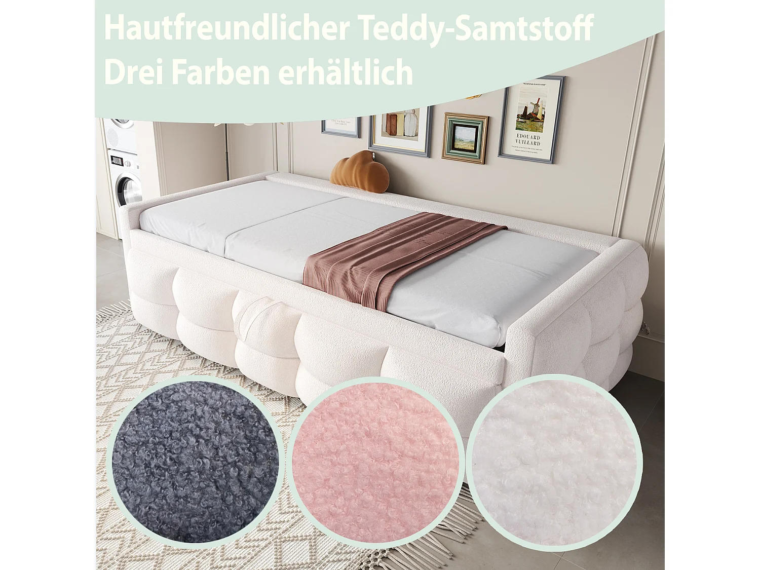 Canapé-lit extensible rembourré - 90/180 x 190 cm - avec sommier à lattes - velours - beige