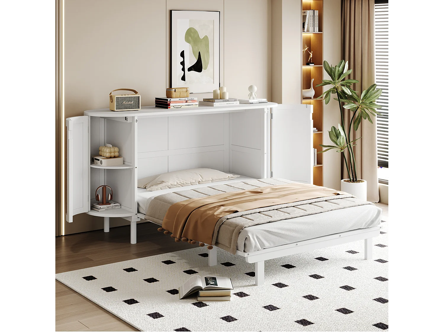 Lit escamotable pour enfant - 140 x 200 cm - avec compartiments de rangement - design rotin - bois - blanc