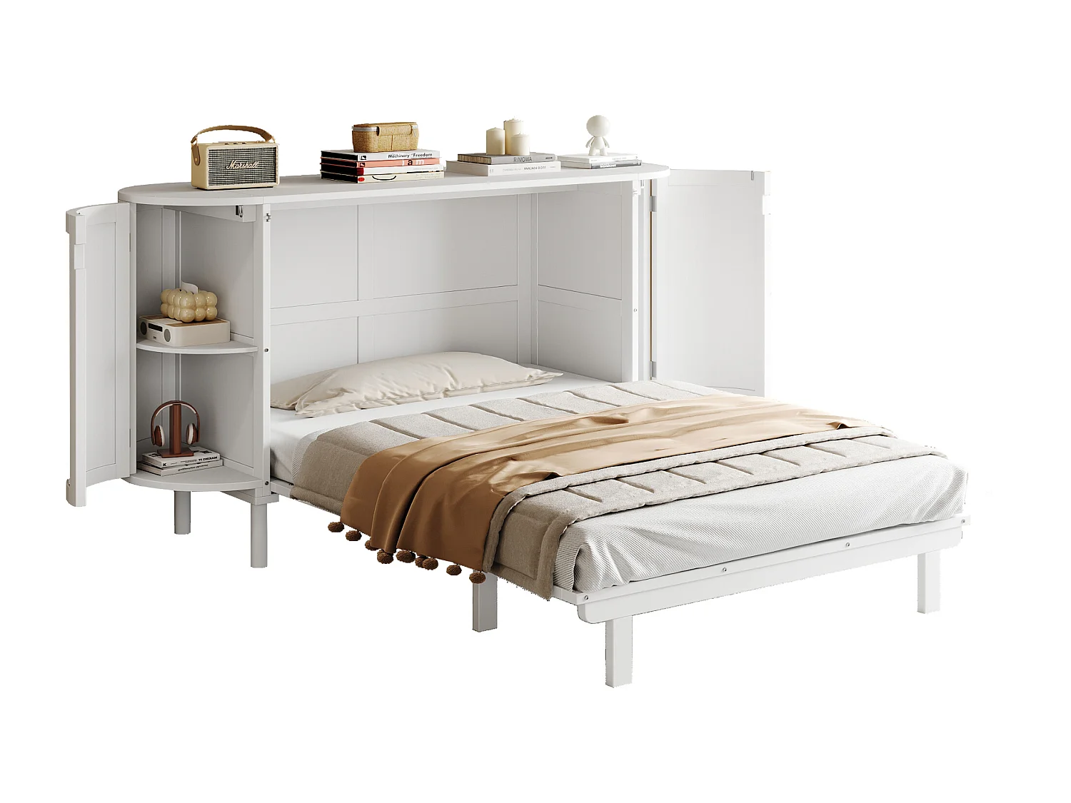 Lit escamotable pour enfant - 140 x 200 cm - avec compartiments de rangement - design rotin - bois - blanc