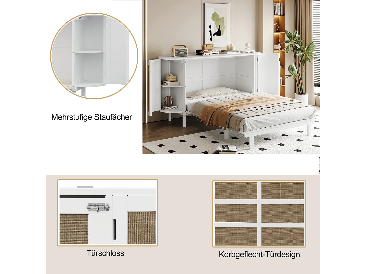 Lit escamotable pour enfant - 140 x 200 cm - avec compartiments de rangement - design rotin - bois - blanc