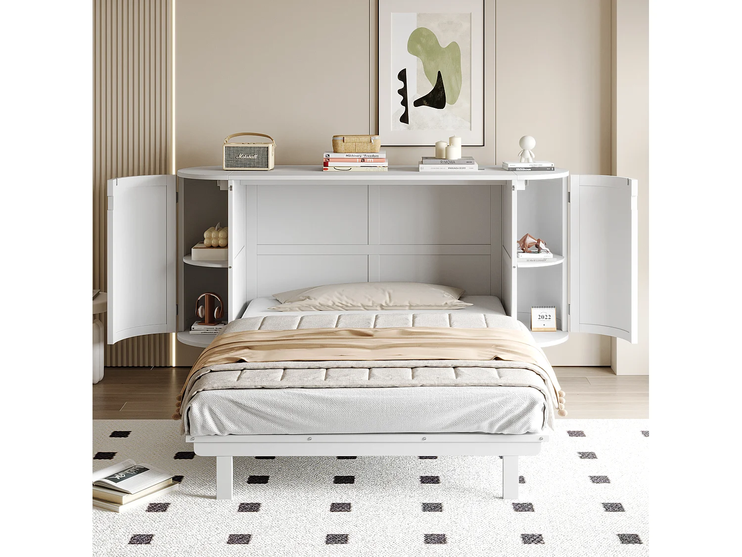 Lit escamotable pour enfant - 140 x 200 cm - avec compartiments de rangement - design rotin - bois - blanc