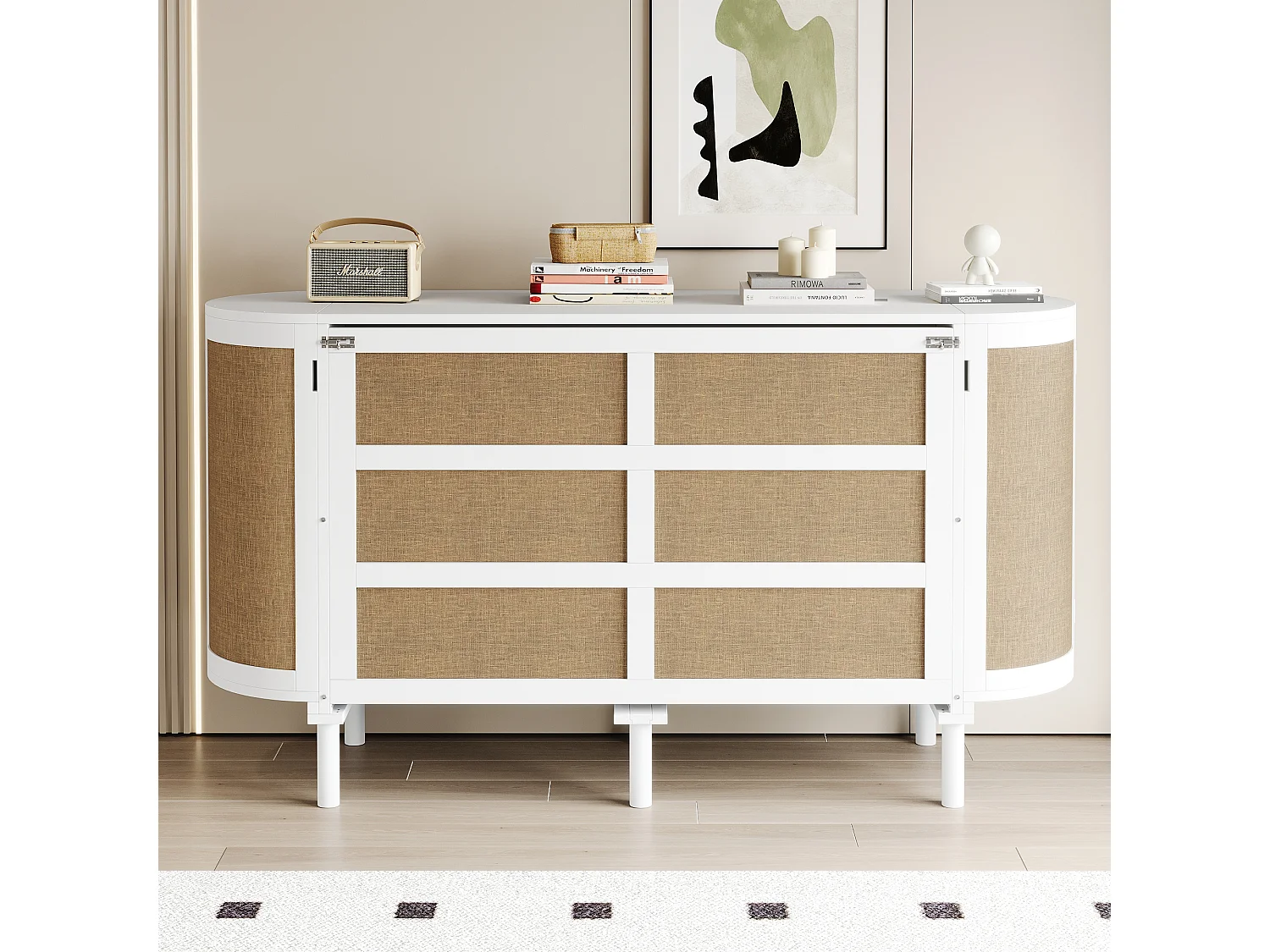 Lit escamotable pour enfant - 140 x 200 cm - avec compartiments de rangement - design rotin - bois - blanc